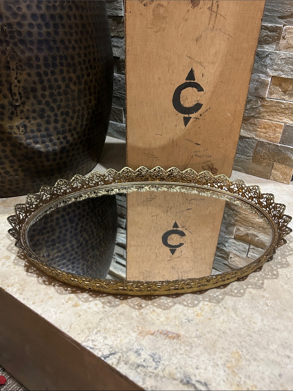 Vintage MCM Large Filigree Oval Ornate Vanity Mirror Tray